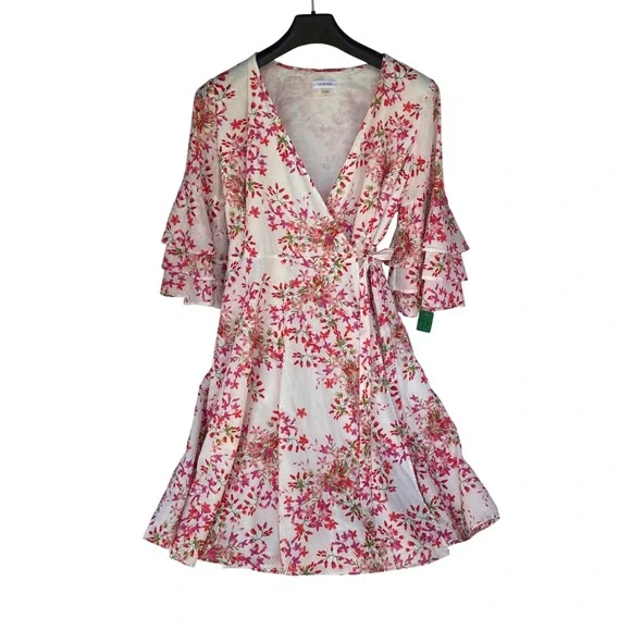 Calvin Klein Wrap Dress W 12 Floral Ruffle/Tear Sleeve Brunch Coquette Derby Tea - Picture 2 of 11